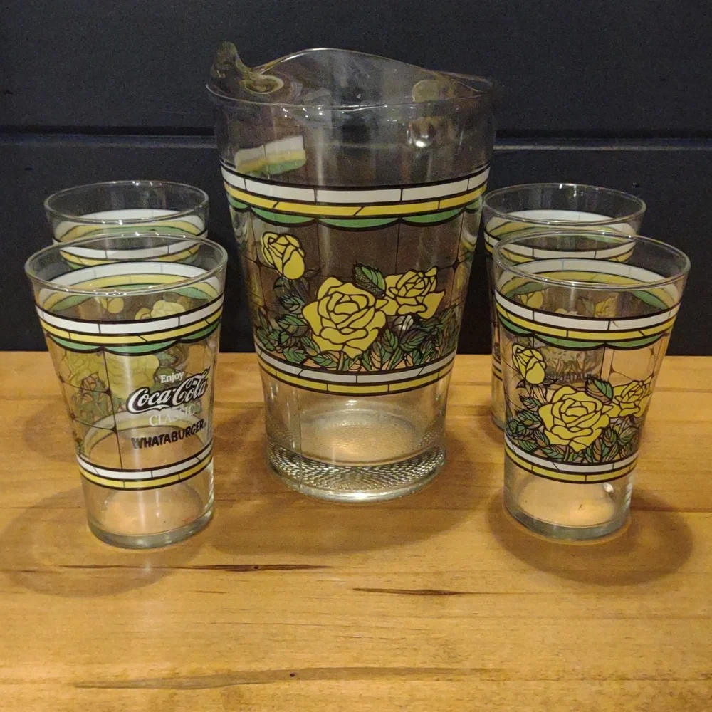 Coca Cola‎ Classic Whataburger Glass Set With Pitcher Green, Black, Yellow